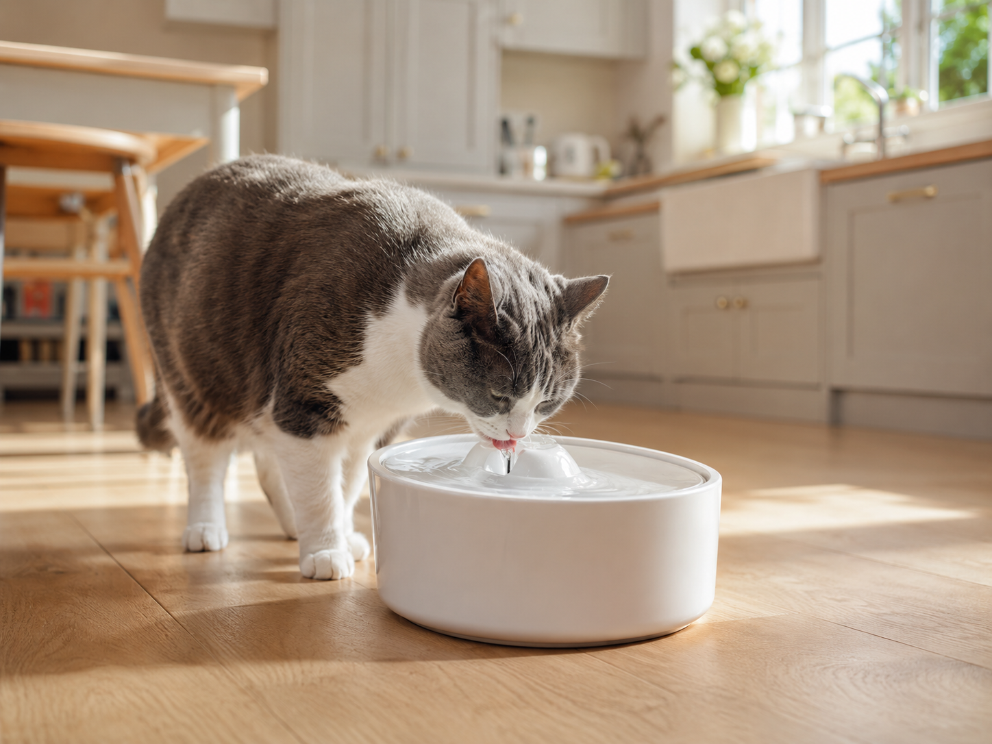 Cat drinking from a white automatic pet water fountain in a UK kitchen