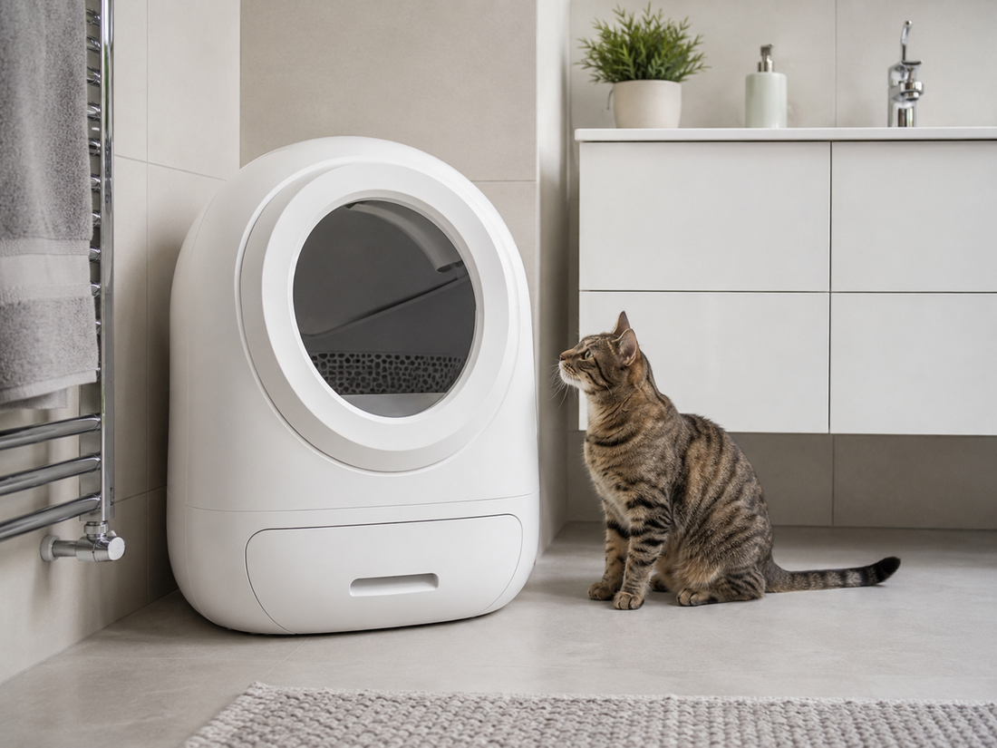 White self-cleaning automatic cat litter box beside a tabby cat in a bathroom