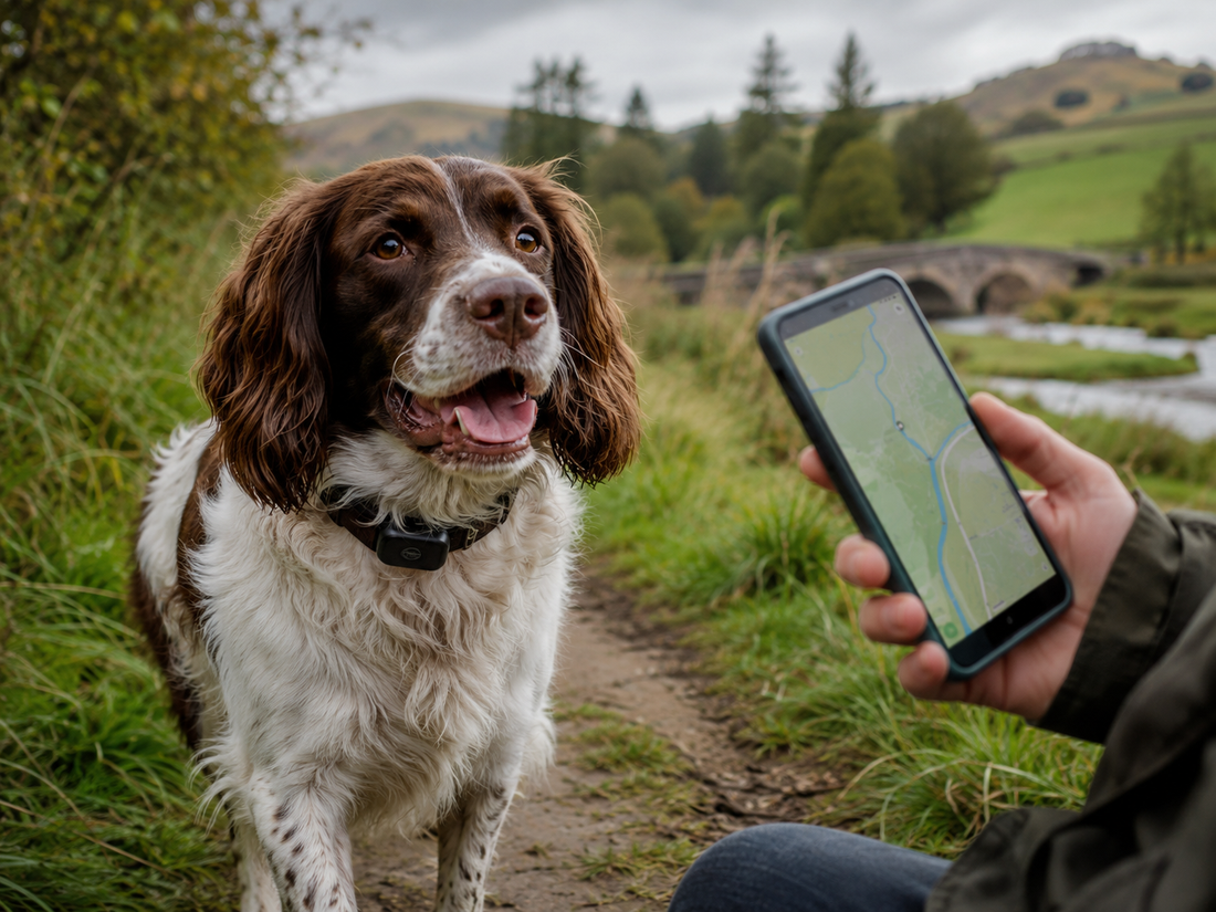 Springer spaniel wearing a GPS tracker collar with owner checking a map on a phone