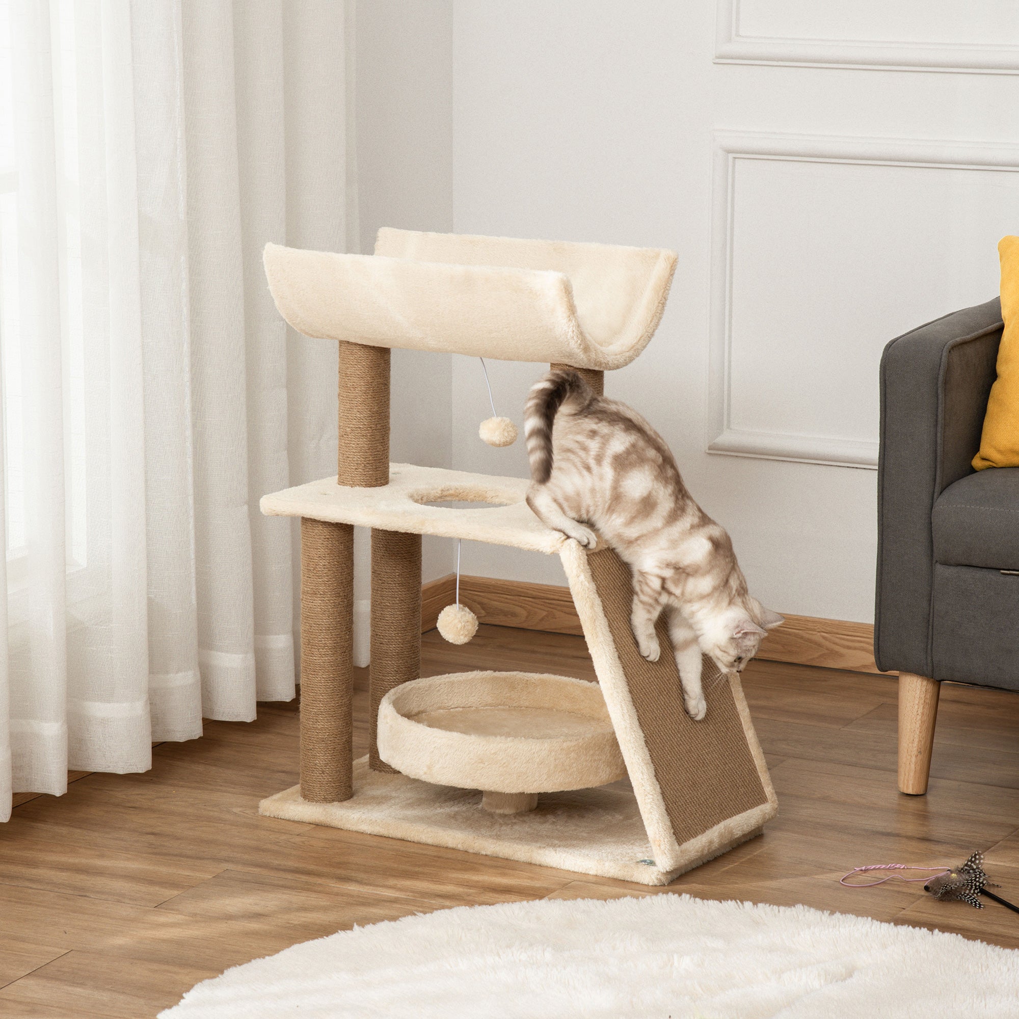 Nature-Inspired Comfort: The Velora Earth-Tone Activity Center! PawHut Cat Tree Tower, With Scratching Posts, Pad, Bed, Perch, Toy Ball - Light Brown