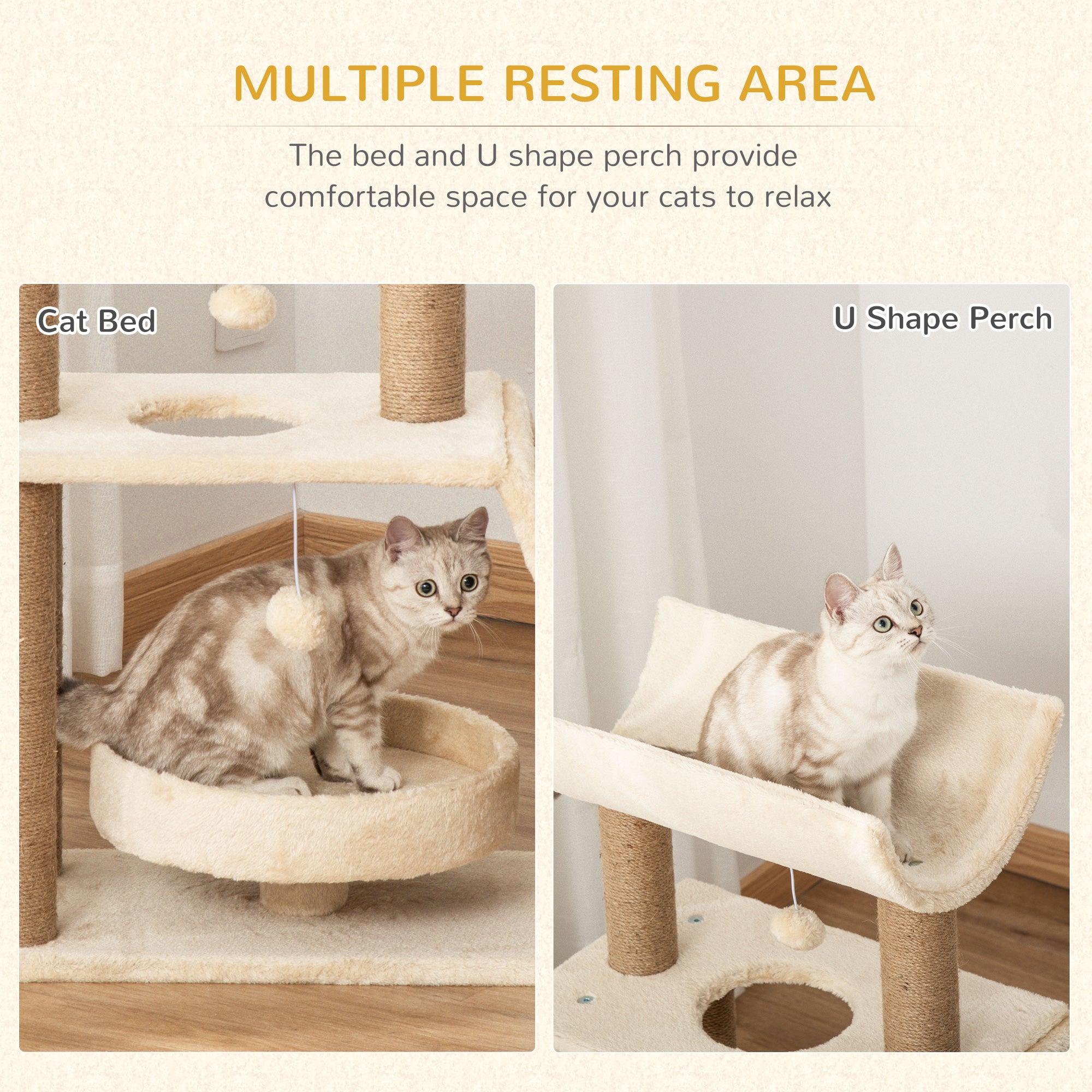 Nature-Inspired Comfort: The Velora Earth-Tone Activity Center! PawHut Cat Tree Tower, With Scratching Posts, Pad, Bed, Perch, Toy Ball - Light Brown