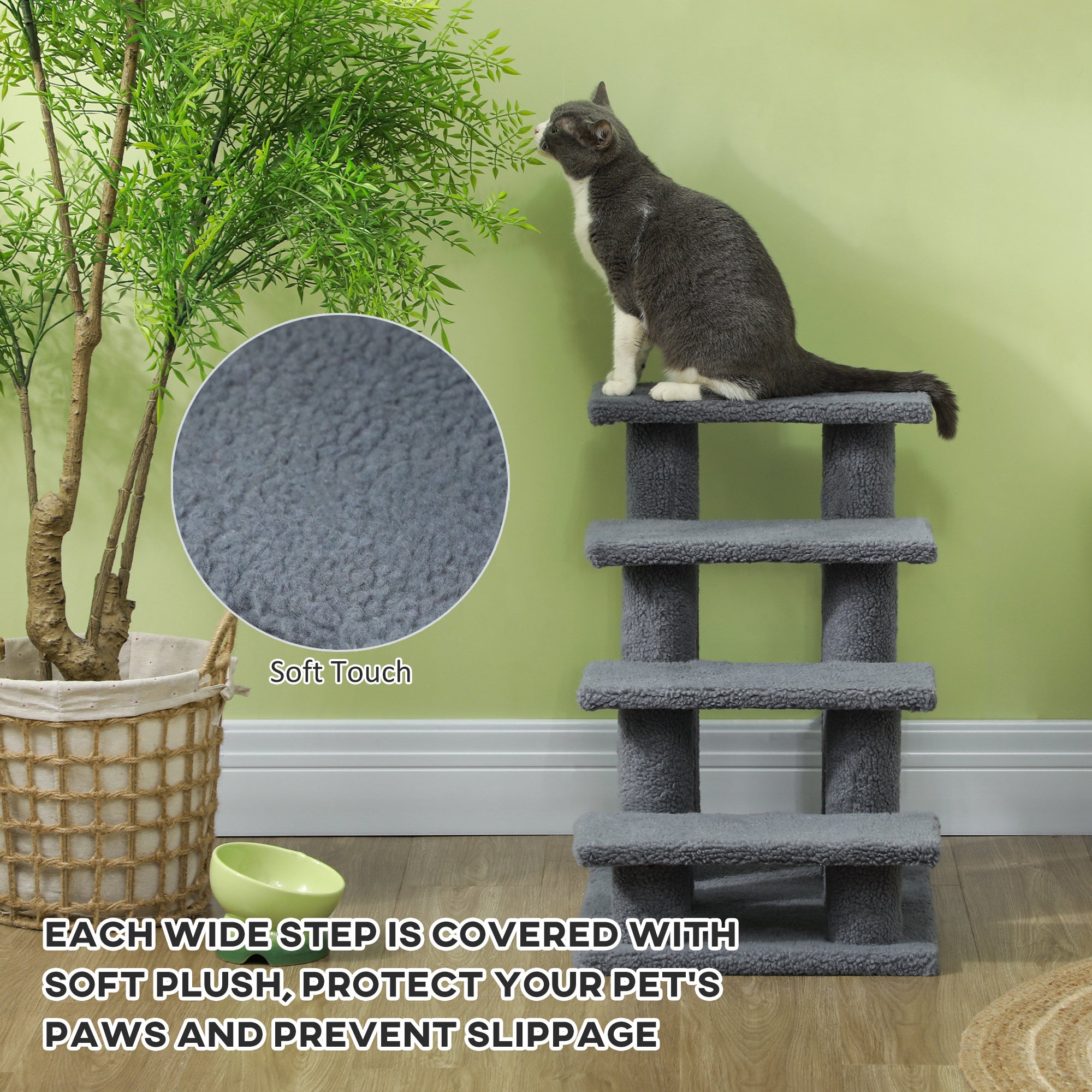 PawHut Dog Steps For Bed 4 Step Pet Stairs For Sofa Dog Cat Climb Ladder 63x43x60 Cm Grey