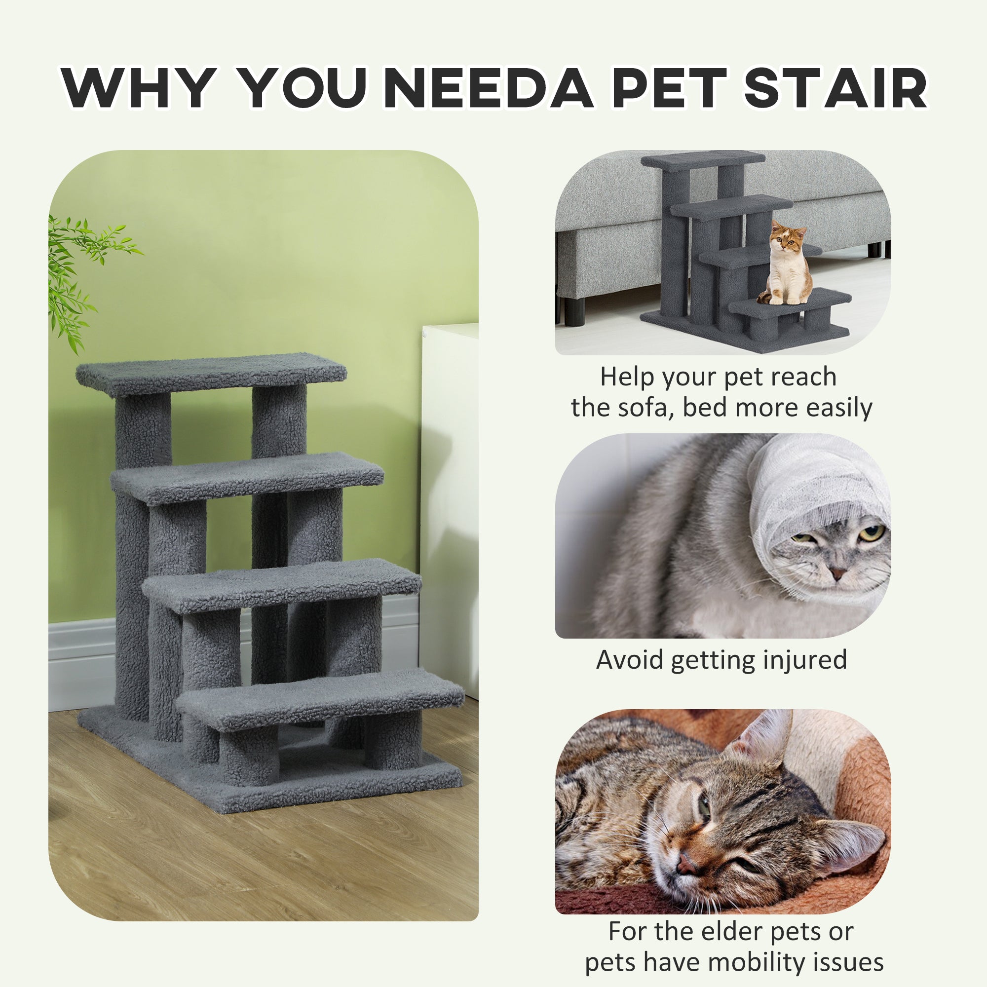 PawHut Dog Steps For Bed 4 Step Pet Stairs For Sofa Dog Cat Climb Ladder 63x43x60 Cm Grey