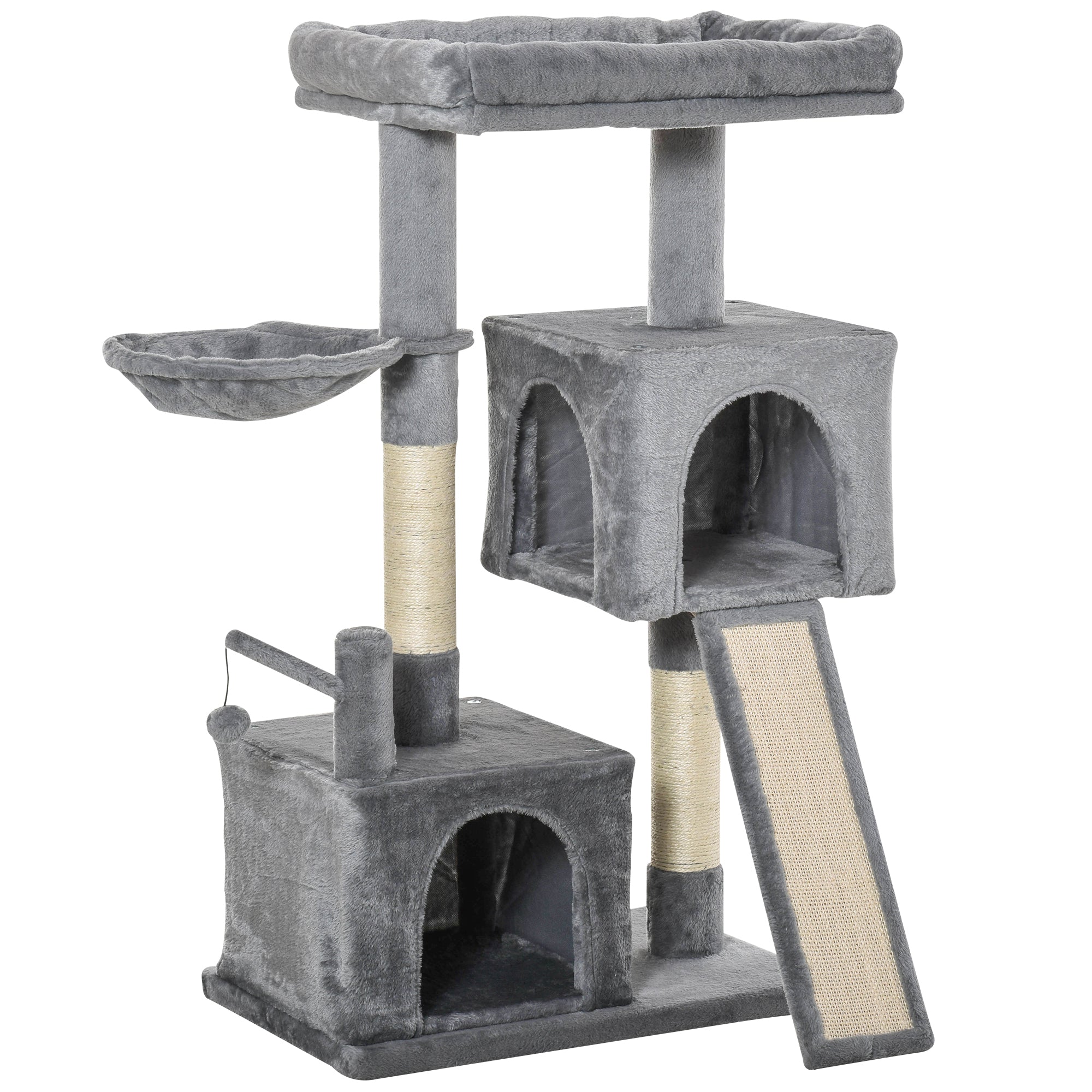The Velora Urban Retreat: Everything Your Cat Needs in One Footprint! PawHut Cat Tree Tower For Indoor Cats, 111cm Kitten Activity Centre With Scratching Post Pad Hammock Condo Bed Ball Toy, Grey