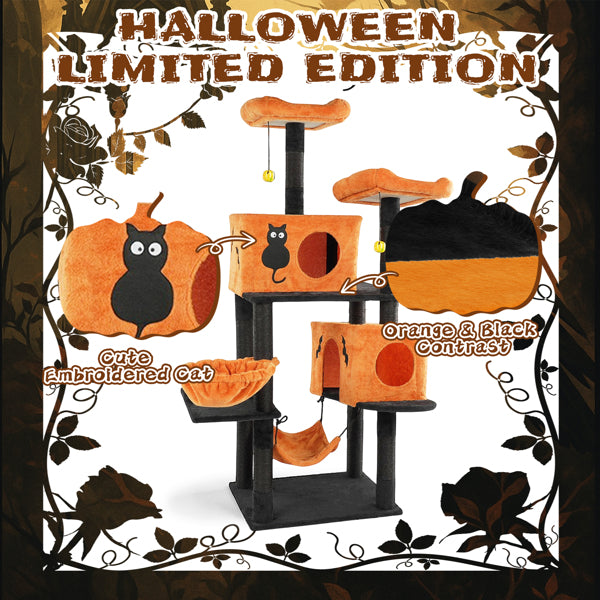 Halloween Cat Tree, Large Cat Tower With 2 Spacious Cat Condos, 2 Padded Perches, 2 Hammocks, Scratching Posts, Hanging Toy, Multi-Level Cat Activities Furniture For Large Cats, Orange & Black