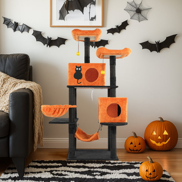 Halloween Cat Tree, Large Cat Tower With 2 Spacious Cat Condos, 2 Padded Perches, 2 Hammocks, Scratching Posts, Hanging Toy, Multi-Level Cat Activities Furniture For Large Cats, Orange & Black