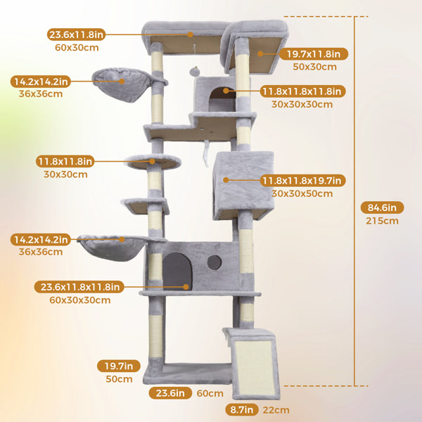 Velora Pets: The "Skyscraper" Your Cats Are Dreaming Of 🐾 84.6 In Light Gray Cat Tree Tower With Wide Base, 3 Large Hinding Condo, 11 Sisal Scratching Post, Sisal Scratching Ladder, 2 Hammocks, Large Top Platform, Many Landing Perch And Interactive Toy