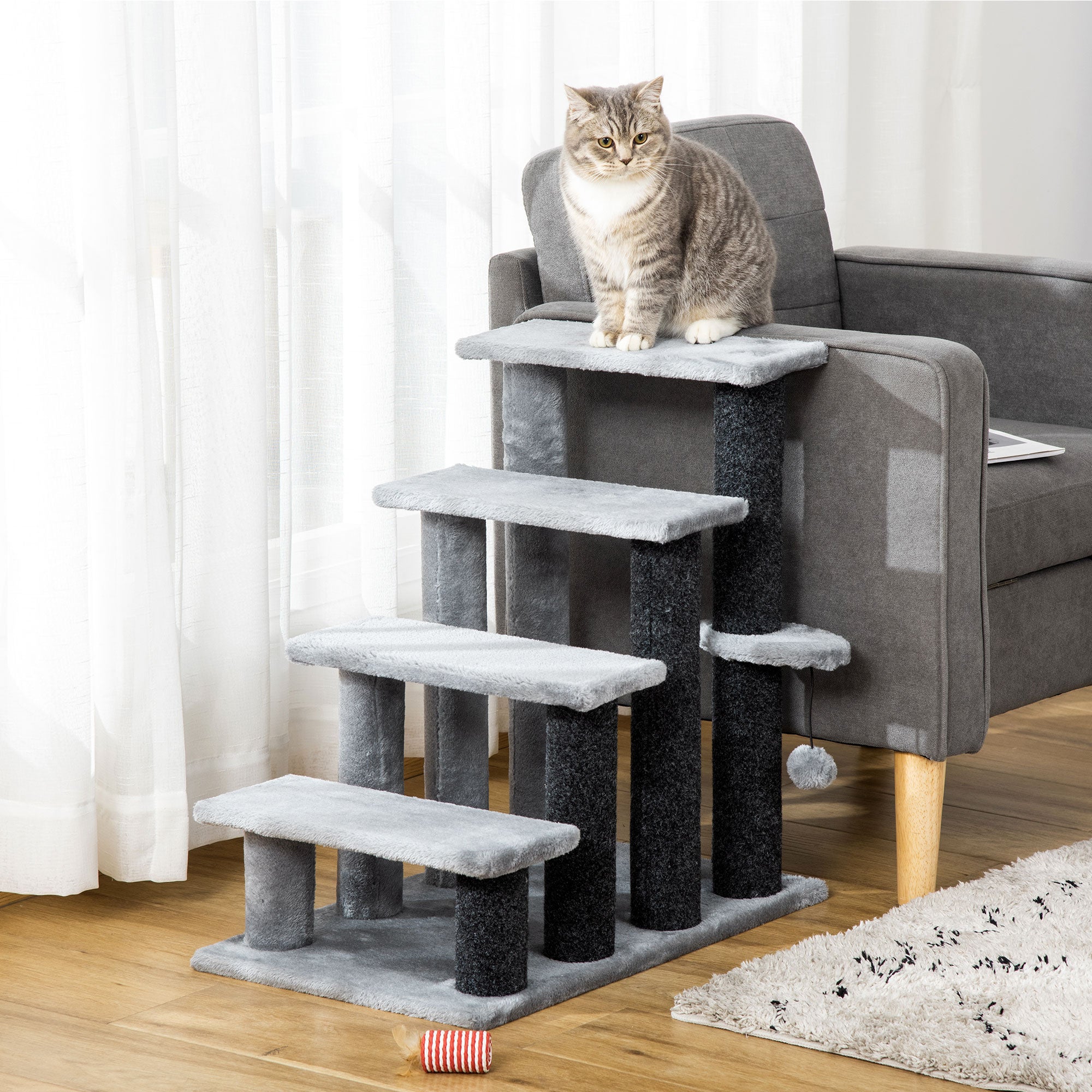 PawHut 4-step Pet Stairs With Scratching Posts, Platforms, Toy Ball, Grey
