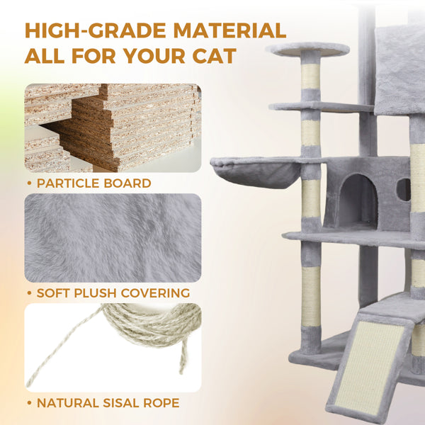 Velora Pets: The "Skyscraper" Your Cats Are Dreaming Of 🐾 84.6 In Light Gray Cat Tree Tower With Wide Base, 3 Large Hinding Condo, 11 Sisal Scratching Post, Sisal Scratching Ladder, 2 Hammocks, Large Top Platform, Many Landing Perch And Interactive Toy