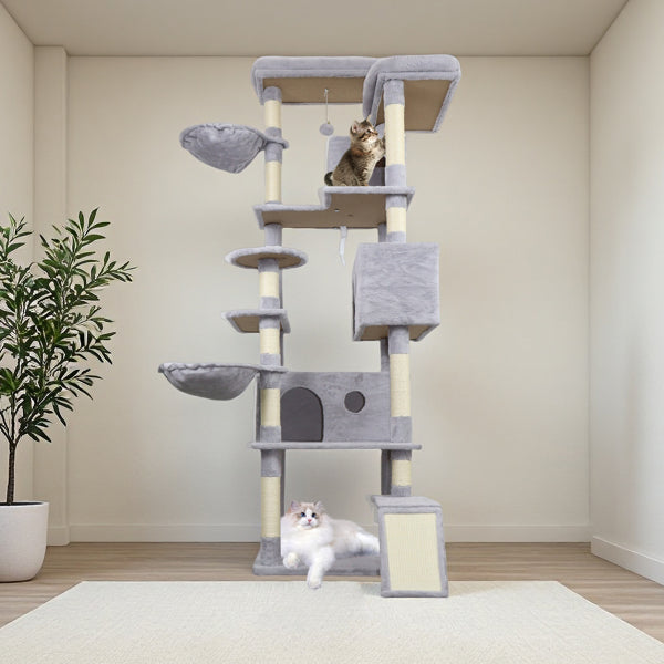 Velora Pets: The "Skyscraper" Your Cats Are Dreaming Of 🐾 84.6 In Light Gray Cat Tree Tower With Wide Base, 3 Large Hinding Condo, 11 Sisal Scratching Post, Sisal Scratching Ladder, 2 Hammocks, Large Top Platform, Many Landing Perch And Interactive Toy