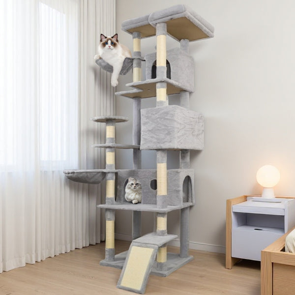 Velora Pets: The "Skyscraper" Your Cats Are Dreaming Of 🐾 84.6 In Light Gray Cat Tree Tower With Wide Base, 3 Large Hinding Condo, 11 Sisal Scratching Post, Sisal Scratching Ladder, 2 Hammocks, Large Top Platform, Many Landing Perch And Interactive Toy