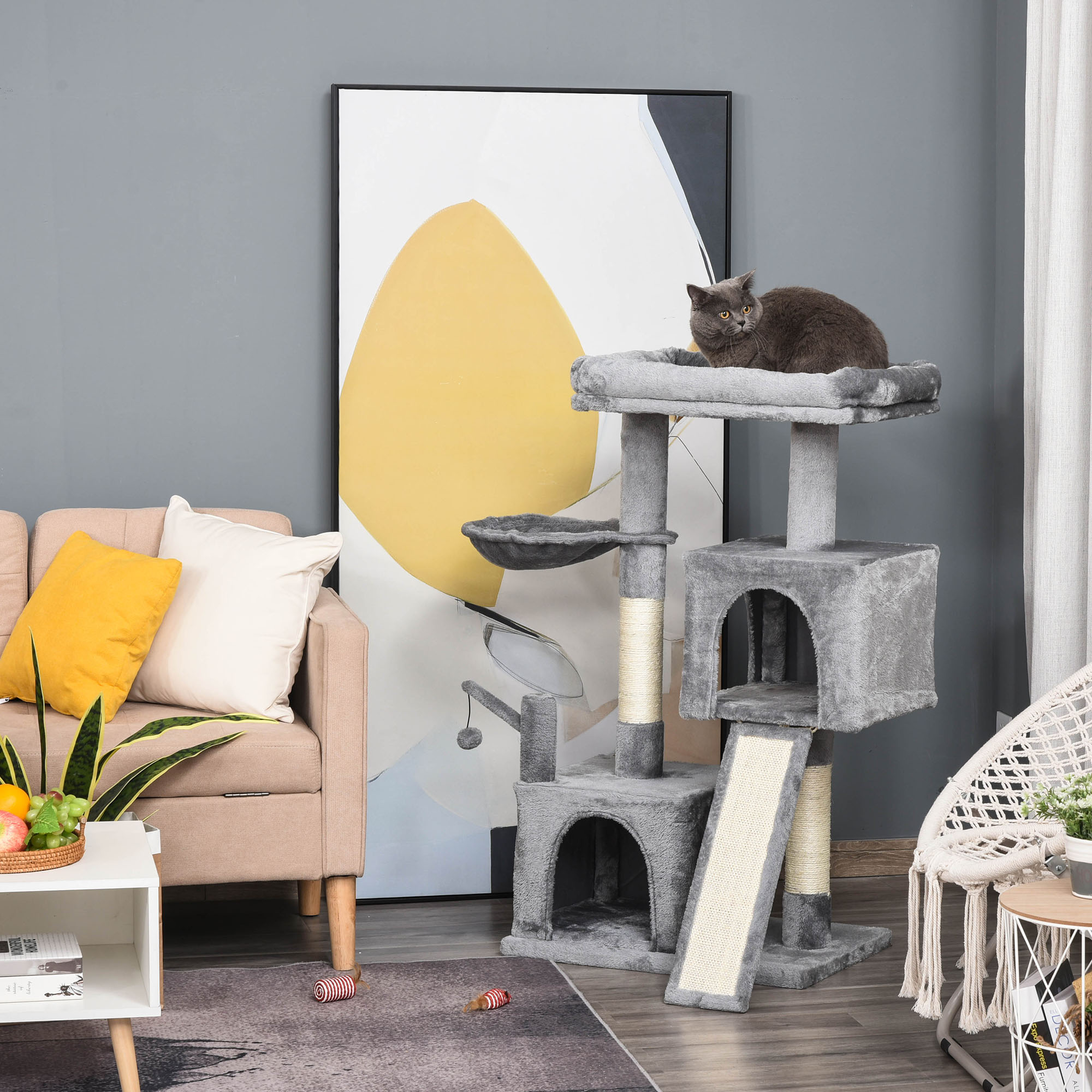 The Velora Urban Retreat: Everything Your Cat Needs in One Footprint! PawHut Cat Tree Tower For Indoor Cats, 111cm Kitten Activity Centre With Scratching Post Pad Hammock Condo Bed Ball Toy, Grey