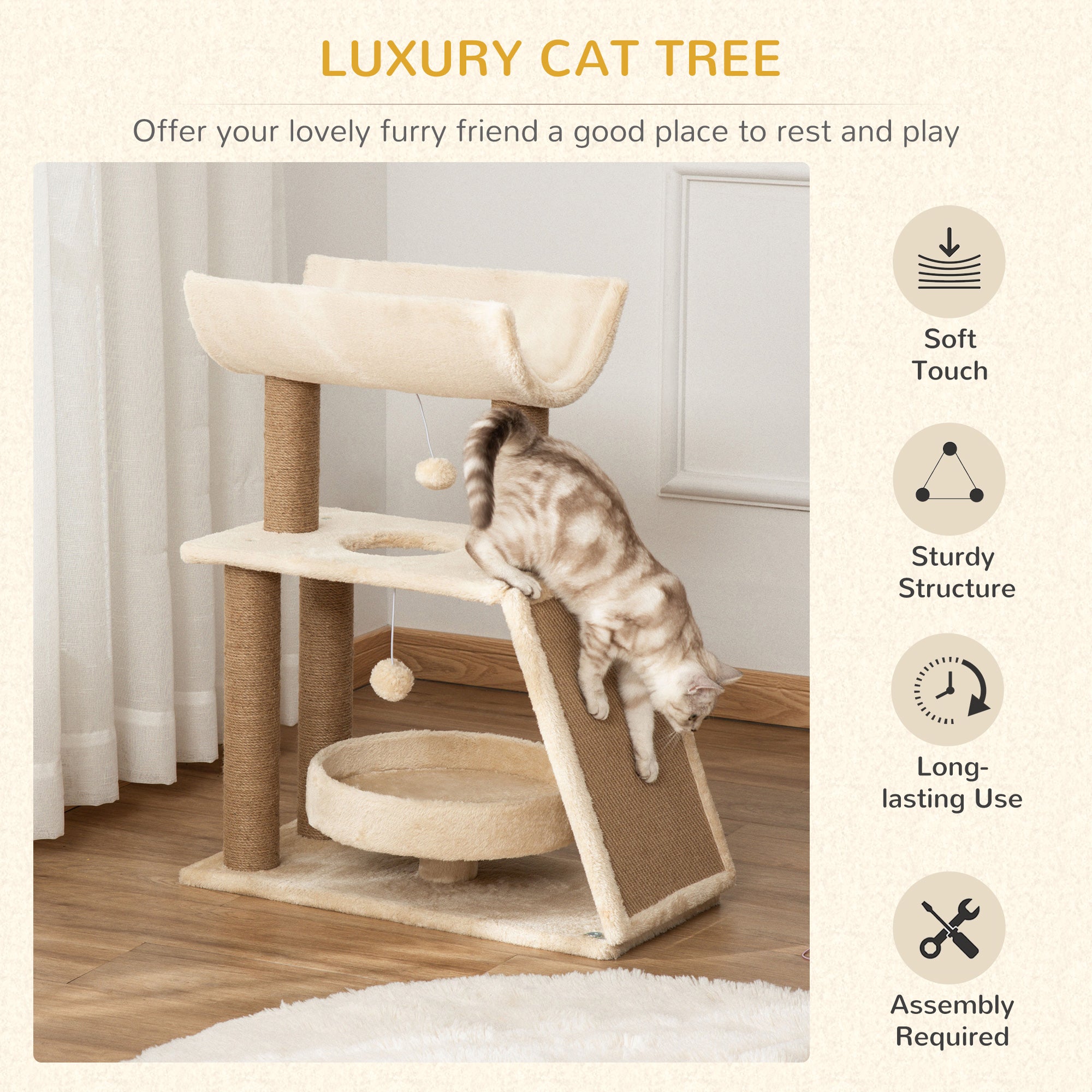 Nature-Inspired Comfort: The Velora Earth-Tone Activity Center! PawHut Cat Tree Tower, With Scratching Posts, Pad, Bed, Perch, Toy Ball - Light Brown