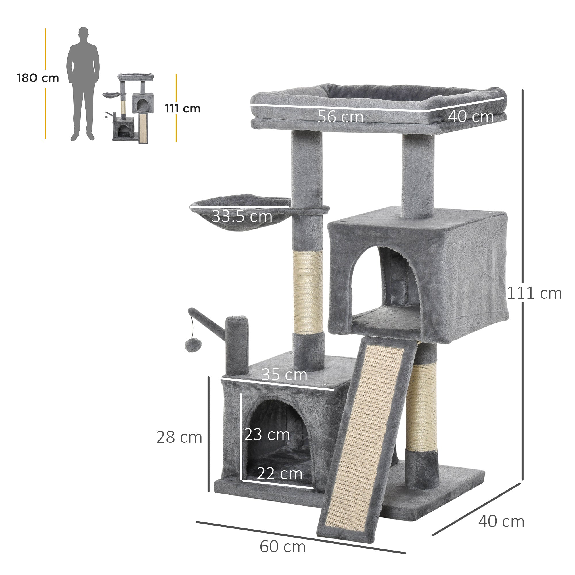 The Velora Urban Retreat: Everything Your Cat Needs in One Footprint! PawHut Cat Tree Tower For Indoor Cats, 111cm Kitten Activity Centre With Scratching Post Pad Hammock Condo Bed Ball Toy, Grey