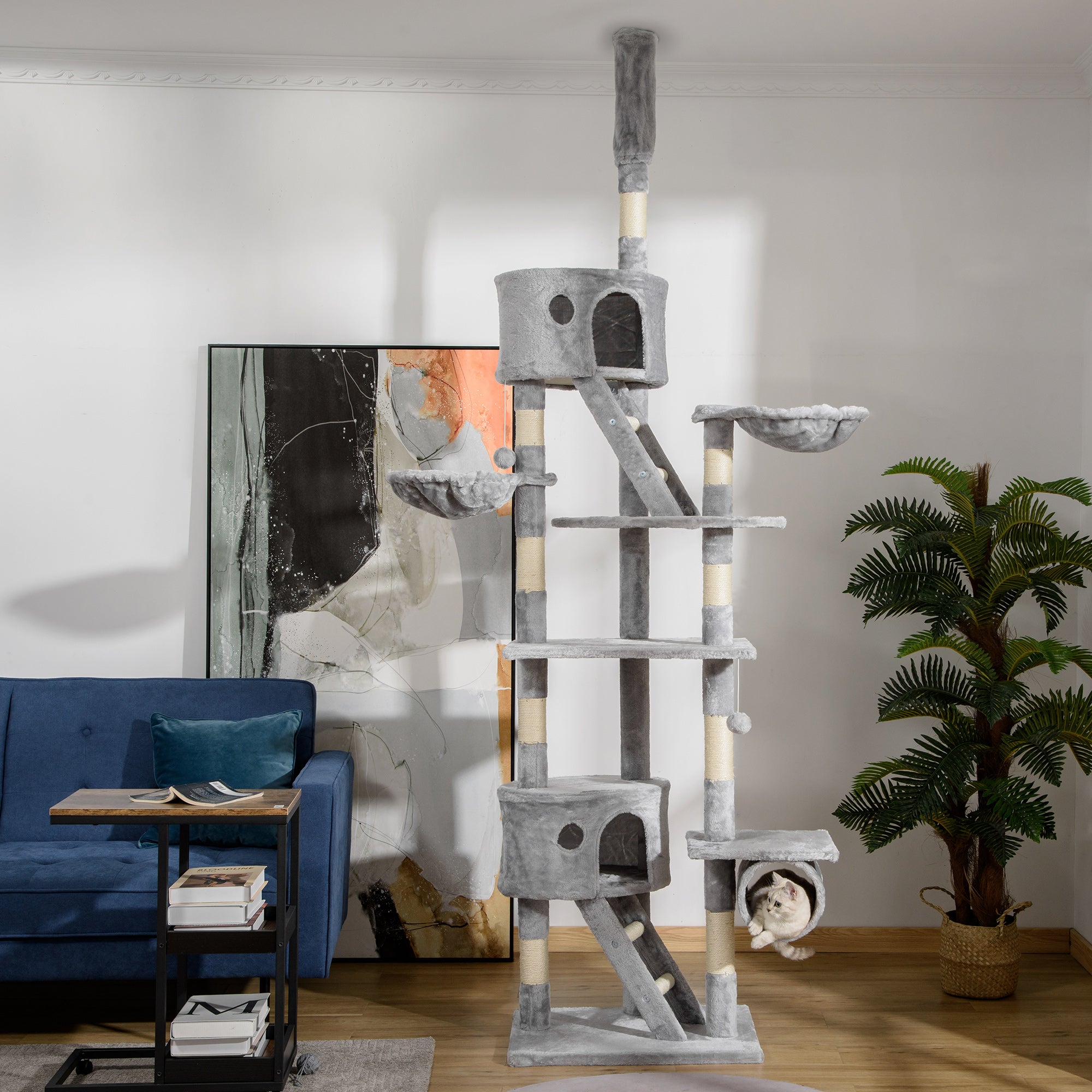 The Modern Cat Tower: High-Altitude Fun for Urban Felines! Floor Standing Cat Tree 94.5-10.25 Inch Height Adjustable Cat Climbing Tower, Apartment Hammock